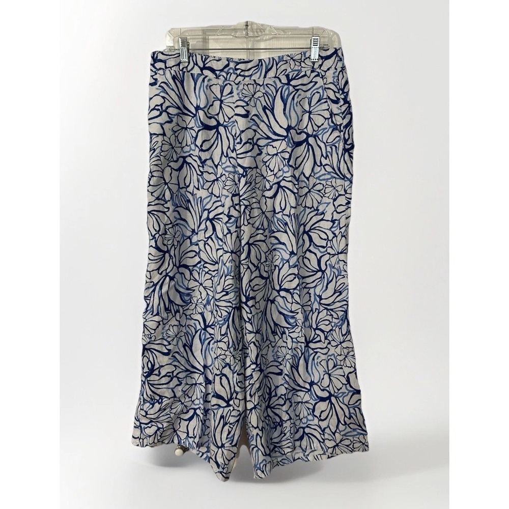 Martha Stewart 100% Linen Wide Leg Floral Blue/White Pants XL Vacation Beach